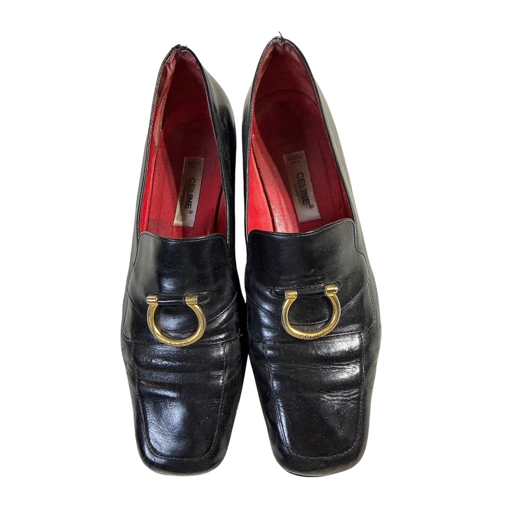 Celine Black Leather Horsebit Loafers Gold Hardware Red Lining Size 7.5 READ